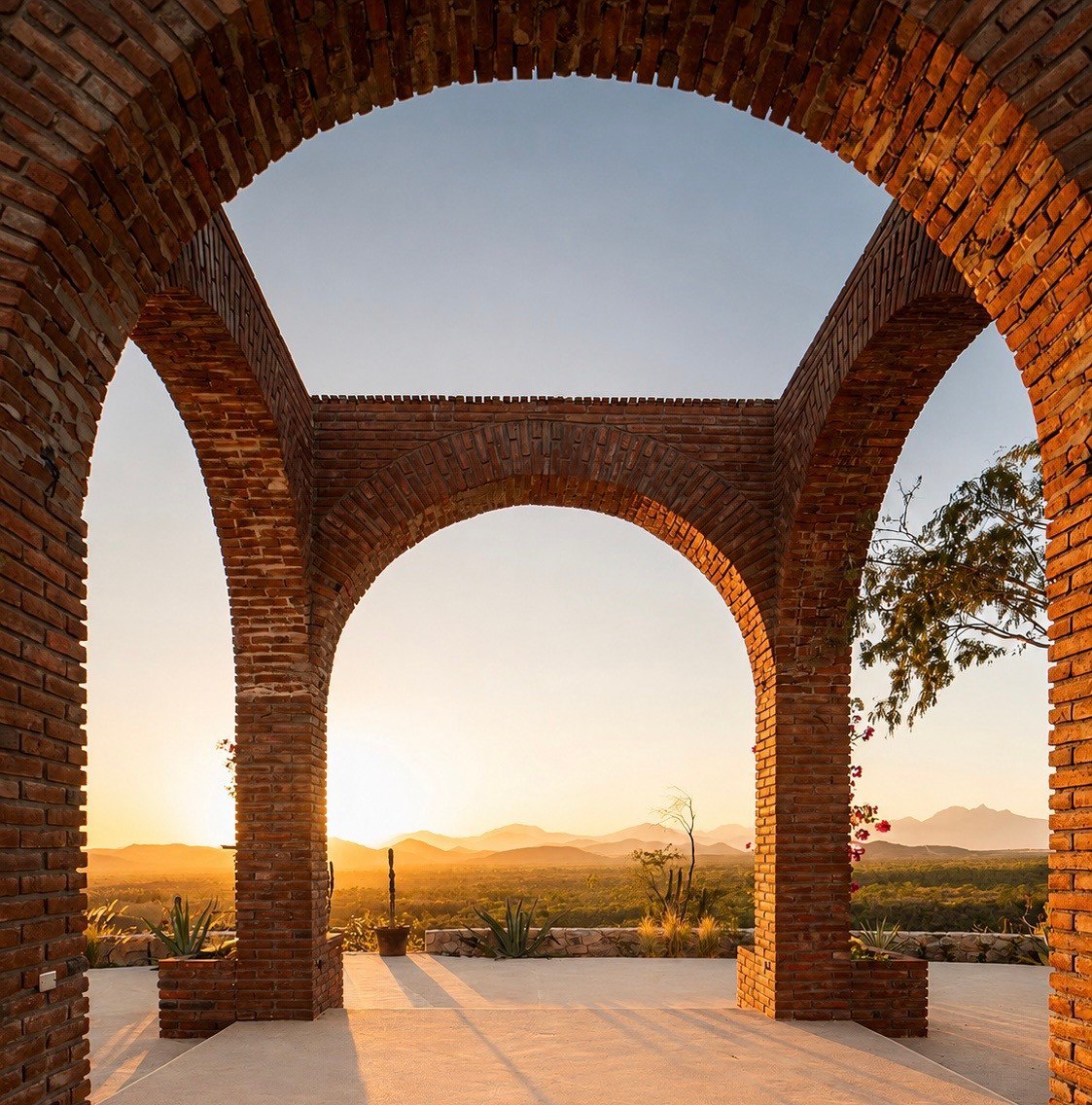 The brick arches at Monte Cardón at sunset, looking out over the desert toward the mountains